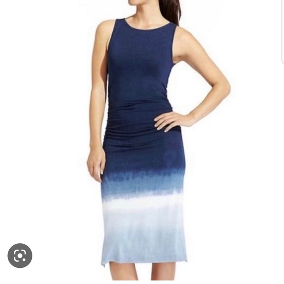Athleta Ombré Tie-dye Navy Ruched Sleeveless Midi Tank Dress - Picture 6 of 7